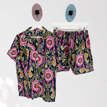 Ikat Print 100% Cotton Ladies Pyjama Short Set In Navy And Pink, 4 of 6