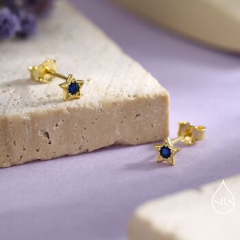 Tiny Sapphire Blue Cz Star Stud Earrings In Sterling Silver, 6 of 12