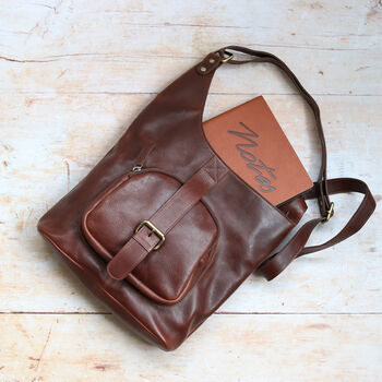 Leather Shoulder Bag With Pockets, Dark Brown, 3 of 6