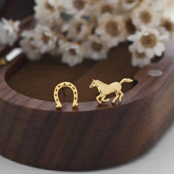 Tiny Mismatched Running Horse And Horseshoe Stud Earrings In Sterling Silver, 3 of 12
