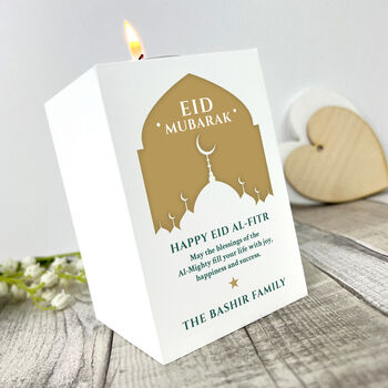 Personalised Eid Al Fitr Mosque Silhouette White Tea Light Holder, 3 of 6