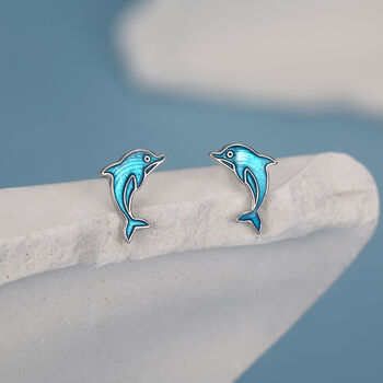 Sterling Silver Dolphin Stud Earrings With Blue Enamel, 5 of 11
