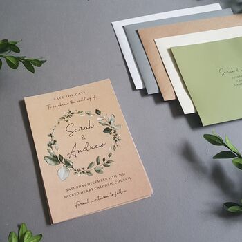 Kraft Eucalyptus Wreath Wedding Invitations Sample, 8 of 9