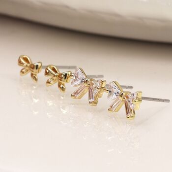 Faux Gold Bows And Crystal Bows Double Stud Earring Set, 2 of 3