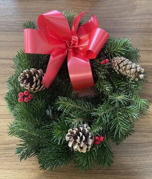 Christmas Wreath Noble Fir Spruce Wreath Red Ribbon Bow 45cm, 5 of 5