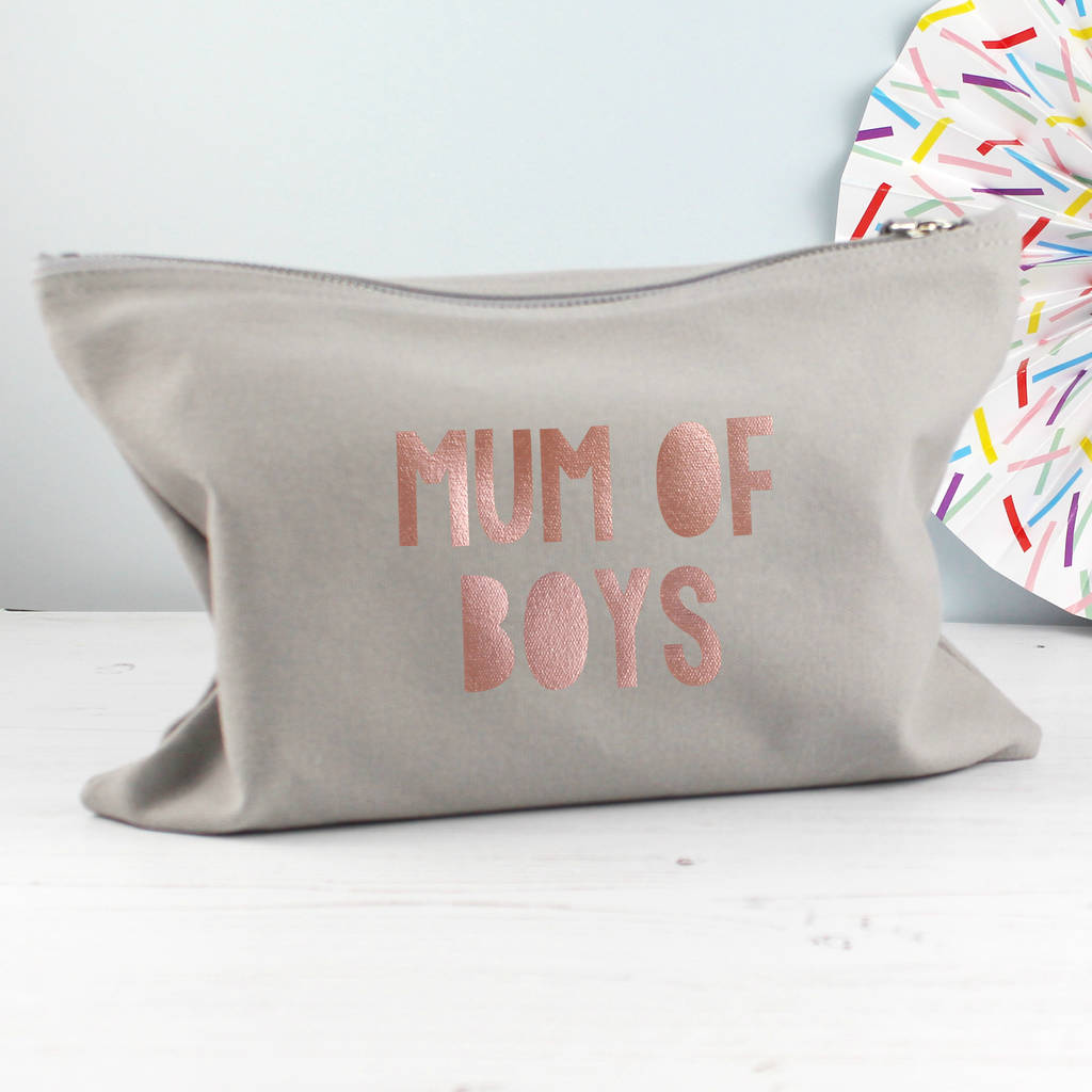 grey make up bag with text saying mum of boys