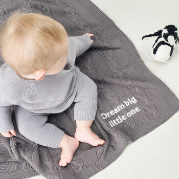 Dark Grey Cable Knitted Personalised Baby Blanket, 2 of 10