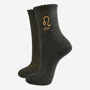 Women's Glitter Socks Black Gold Zodiac Leo, 2 of 5