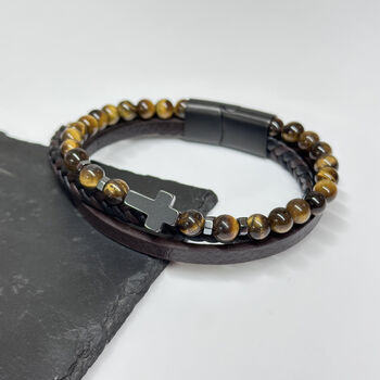 Personalised Beaded And Stacked Leather Cross Bracelet, 6 of 6