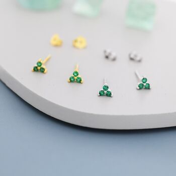 Tiny Emerald Green Trio Stud Earrings Sterling Silver, 3 of 11