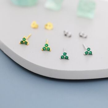 Tiny Emerald Green Trio Stud Earrings Sterling Silver, 3 of 12