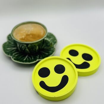 Smiley Face Coasters/ Trays Neon Yellow Set Of Two, 4 of 12
