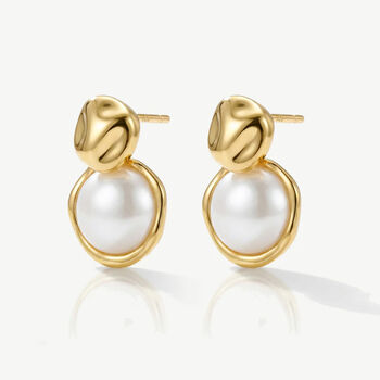 White Pearl Coin Stud Earrings In Gold, 2 of 3