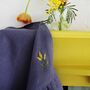 Disty Blue Linen Hand Embroidered Ruffle Tea Towel, thumbnail 2 of 6