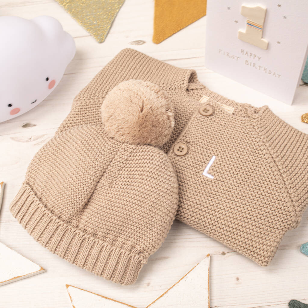 Luxury Fudge Bobble Hat And Cardigan Baby Gift Set, 1 of 12