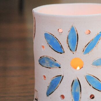 Unusual Pencil And Tealight Holder. Flower Design In Blue. Handmade Ceramic, 4 of 7