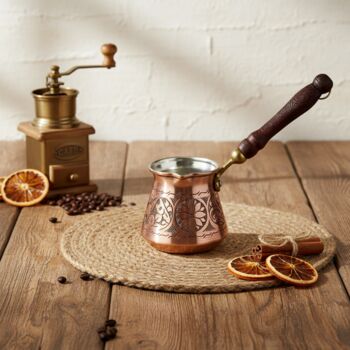 Hand Engraved Copper Coffee Pot With Wooden Handle, 3 of 4