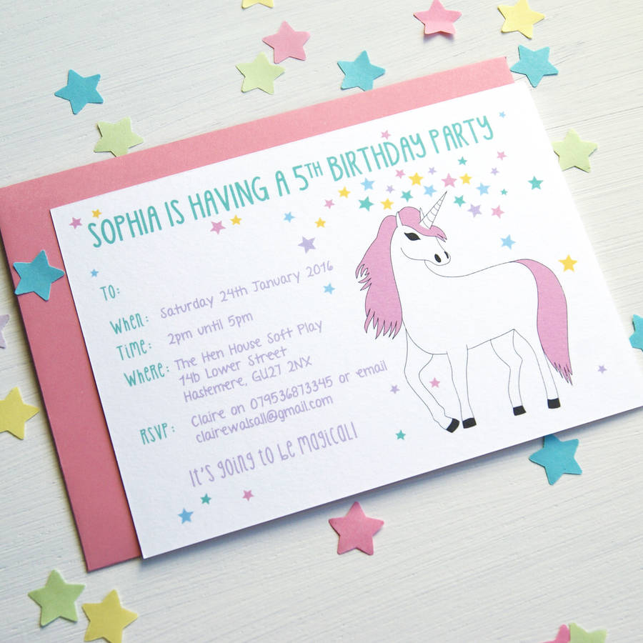 unicorn personalised birthday party invitations by superfumi