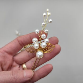 Pearl And Gold Leaf Hair Pins – Elegant Bridal And Bridesmaid Hair Accessories, 8 of 12