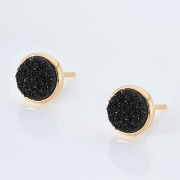 Round 18k Gold Plated Black Druzy Stud Earrings, 2 of 3