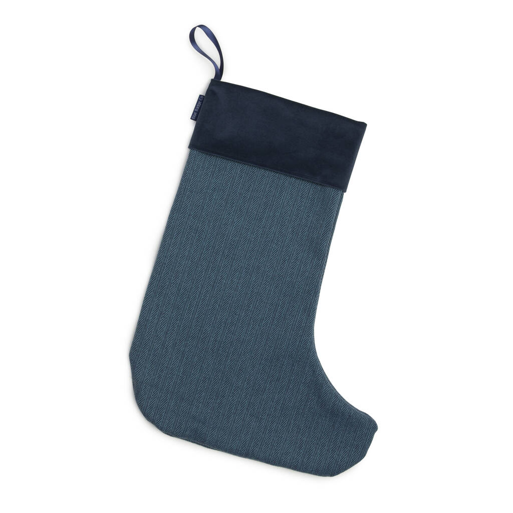 Mens Christmas Stocking Herringbone Navy Velvet Trim By Blue Badge Co