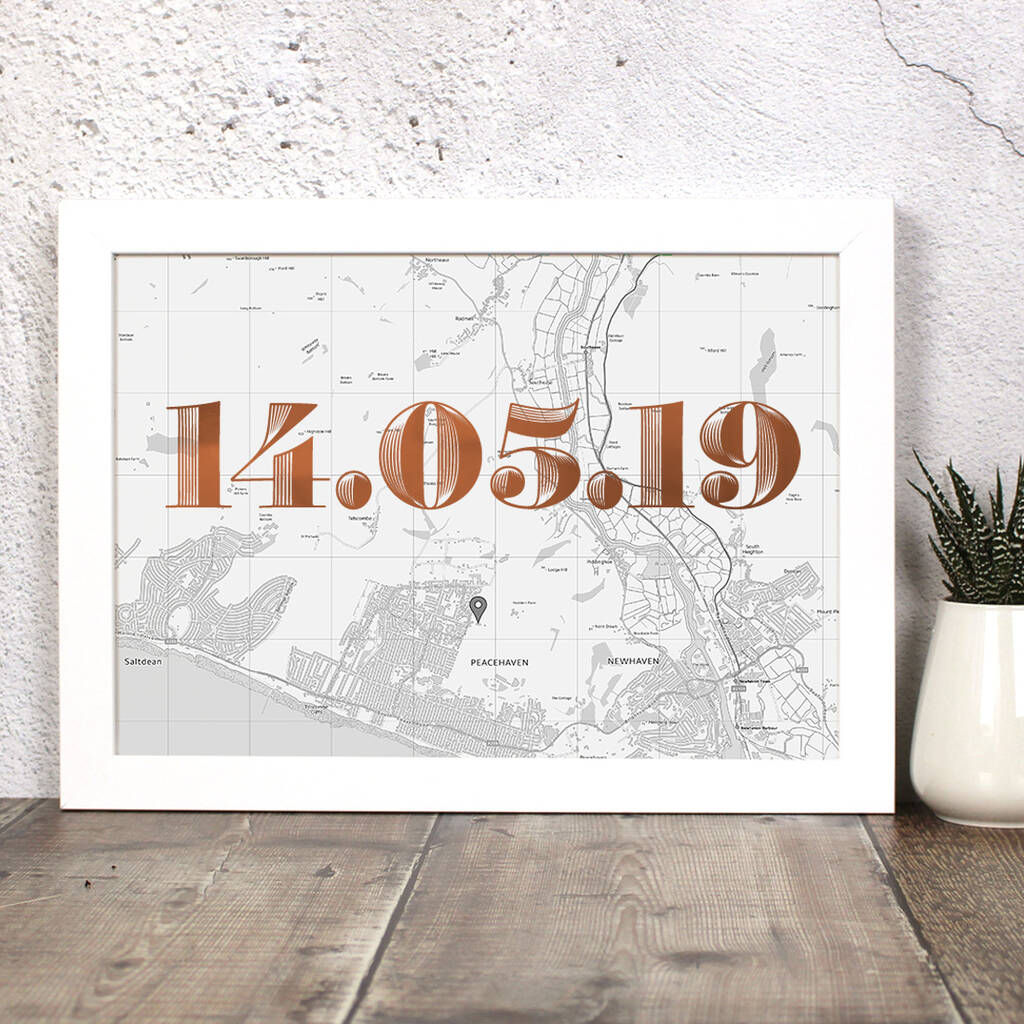 Personalised Map Print With Date In Copper Or Gold Foil, 1 of 6