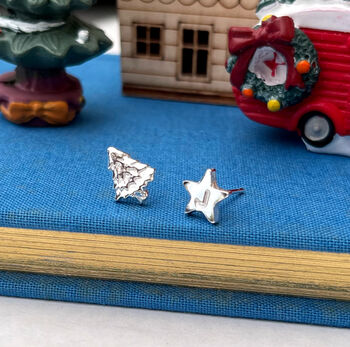 Personalised Sterling Silver Mismatched Christmas Tree Initial Star Earrings, 6 of 10