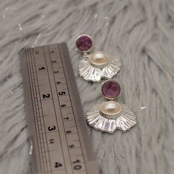 Raw Red Ruby, Pearl Sterling Silver Earrings, 7 of 7