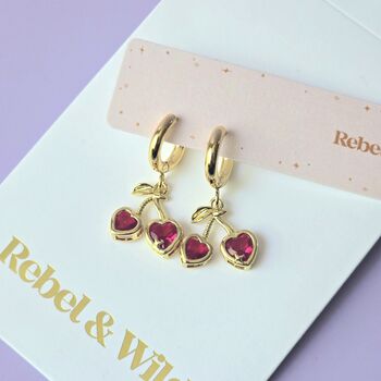 Red Cherry Heart Huggie Hoop Earrings, 2 of 5