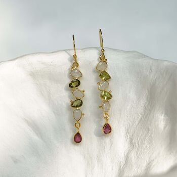 Peridot, Moonstone And Tourmaline Gold Drop Earrings, 3 of 8