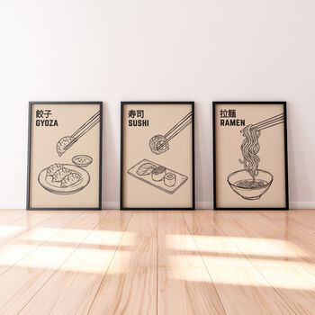Japanese Food Kitchen Prints | Set Of Three Sushi, Ramen And Gyoza Art, 3 of 12
