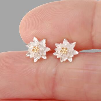 Sterling Silver July Birth Flower Lotus Water Lily Stud Earrings, 2 of 6