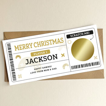 Personalised Gamer Scratch Card Christmas Voucher: Gold Circle Design, 5 of 7