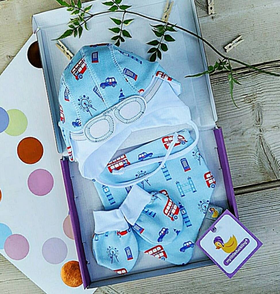 Image of Blue London Hat, Bib And Mittens Set