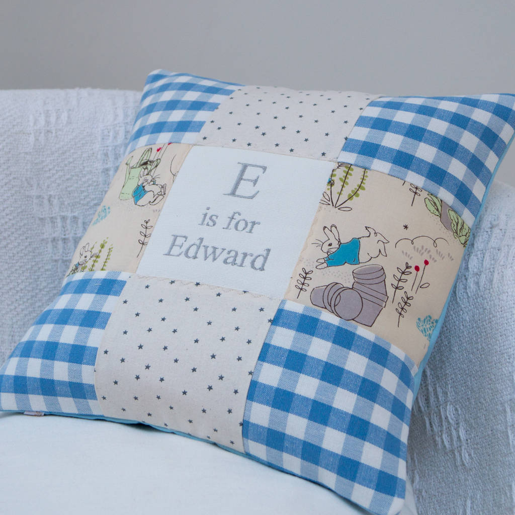 peter rabbit© alphabet cushion gingham by tuppenny house designs