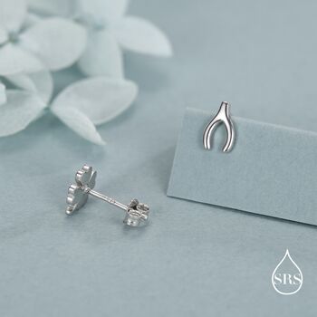Mismatched Wishbone And Clover Leaf Stud Earrings In Sterling Silver, 4 of 12