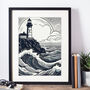 Linocut Style Lighthouse Art Print, thumbnail 2 of 2