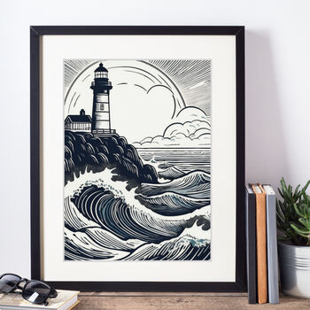 Linocut Style Lighthouse Art Print, 2 of 2