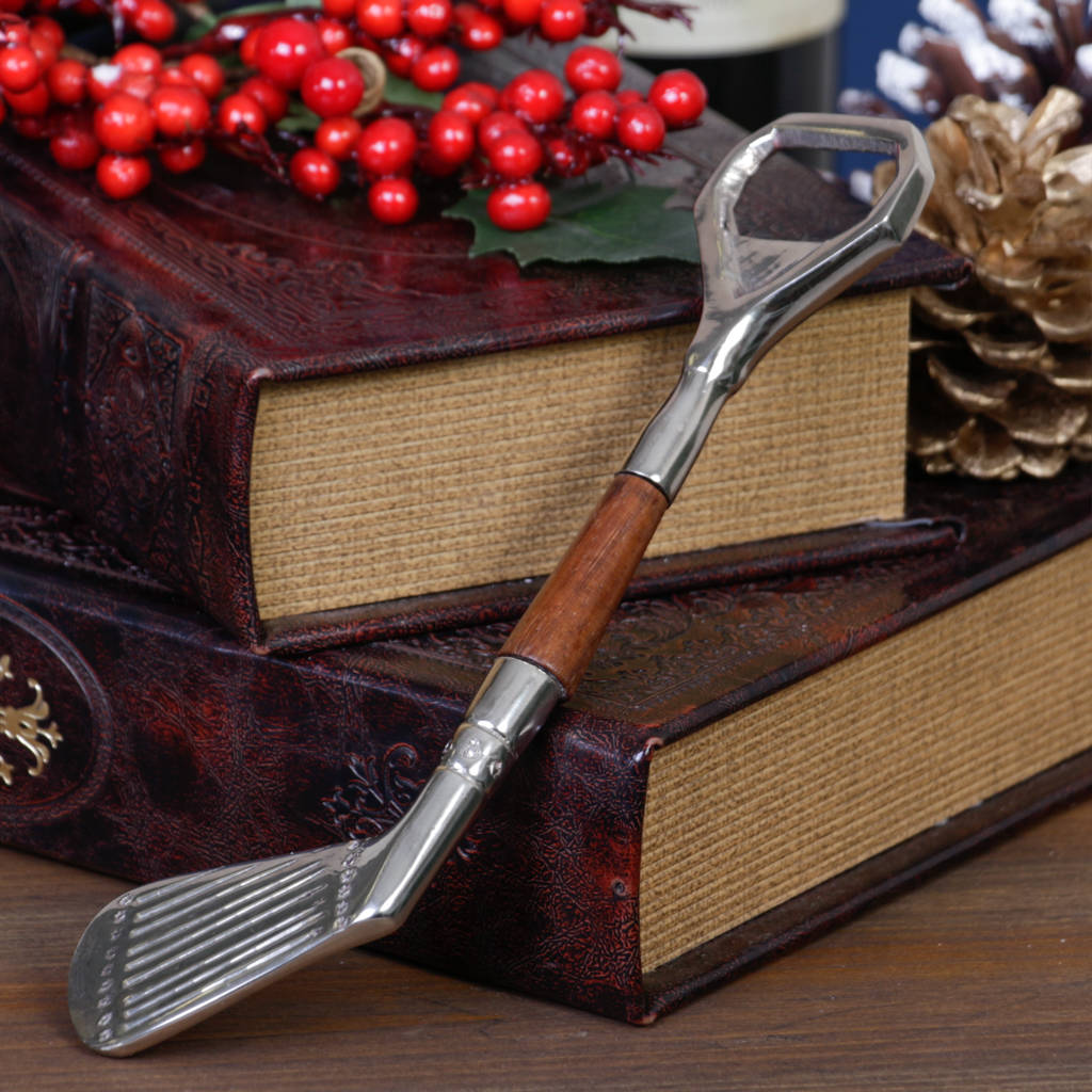 brushed silver metal golf club shaped bottle opener by dibor