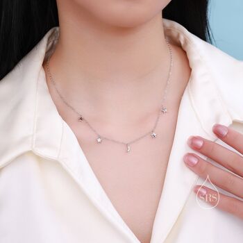 Sterling Silver Crescent Moon And Star Cz Charm Necklace, 4 of 11