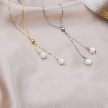Sterling Silver Genuine Pearl Lariat Necklace, 3 of 12