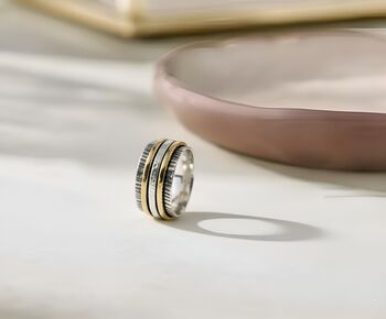Oxidised Sterling Silver Fidget Spinner Ring With Golden Bands, 4 of 7