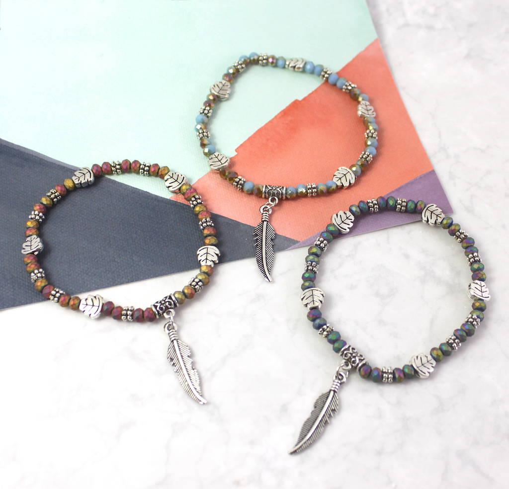 Boho Leaf And Feather Charm Bracelet By Lucy Loves Neko
