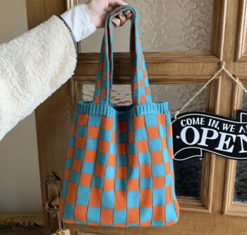 Knitted Checkered Tote Bag, 6 of 7