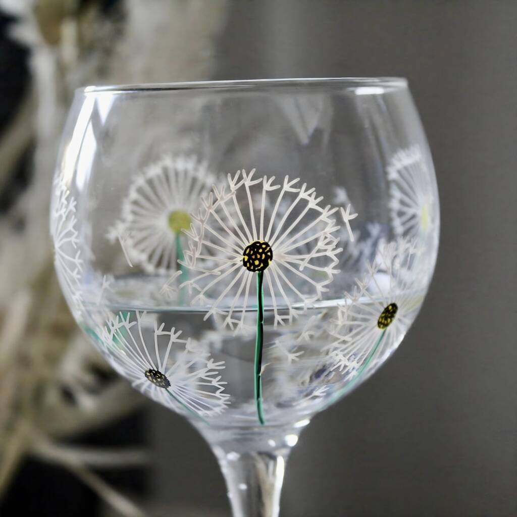 Cute Artisan Hand Painted Dandelion Stem 16 oz Wine Glass 8.5 tall.