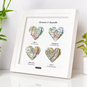 Personalised 3D Heart Map Milestone Locations Framed Wedding Print Gift, 2 of 12