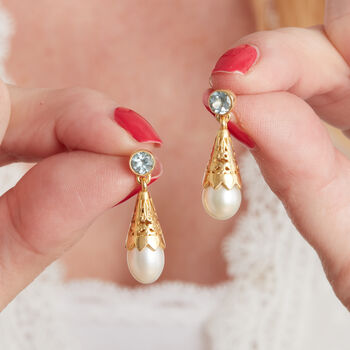Blue Topaz And Pearl Stud Drop Earrings, 18k Gold Vermeil, 6 of 7