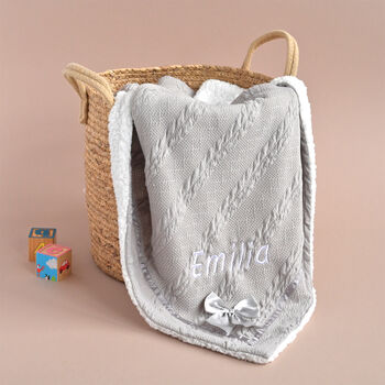 Personalised Grey Knitted Sherpa Baby Blanket With Bow, 10 of 10