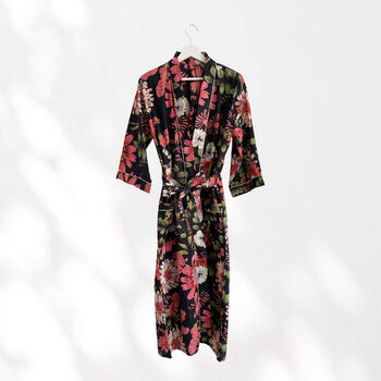 Black And Pink Flower Print Cotton Dressing Gown Kimono, 11 of 11