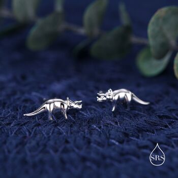 Triceratops Dinosaur Fossil Stud Earrings In Sterling Silver, 3 of 11
